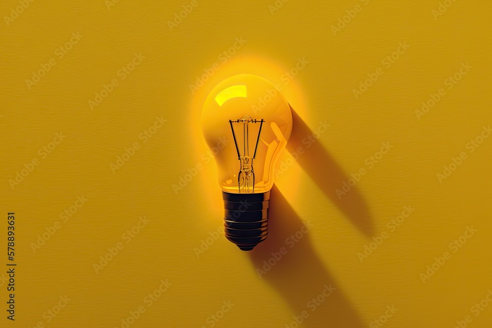Poster a yellow background with a yellow light bulb. point of view from above. low level idea. generative a