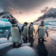 Obraz premium March of the Penguins: Waddling Through an Antarctic Valley Generative AI