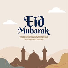 Eid Mubarak with Mosque Silhouette. Vector Illustration Background. Eid al Fitr Background - EPS 10 Vector