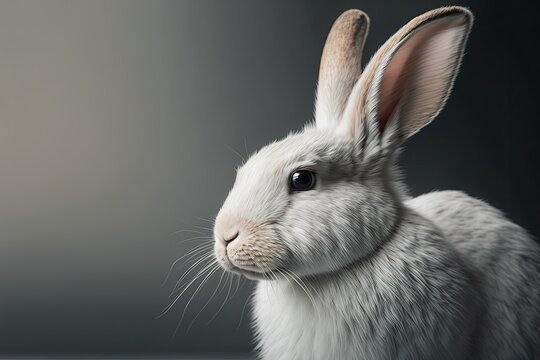 White rabbit headshot with oversized ears, on a grey background. Generative AI