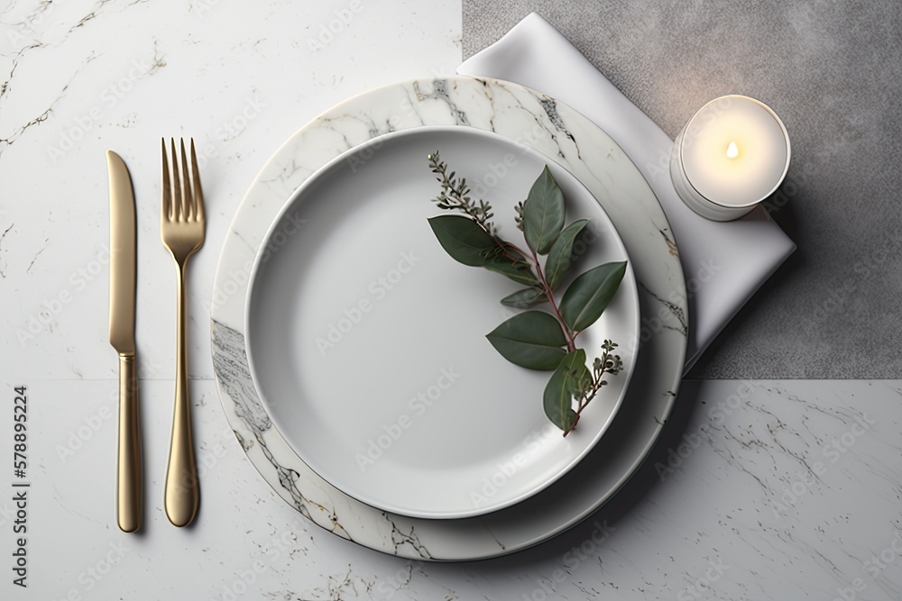 Poster flat lay of an empty white plate and napkin on a table top made of light grey marble. generative ai