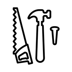 Icono de herramientas de carpintería. Martillo y sierra de mano. Ilustración vectorial