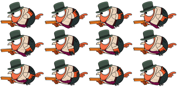 Bird With Gun Animated Sprite Sheet For Video Games Asset.2D Cartoon Style Mafia Bird.Orange Colored.