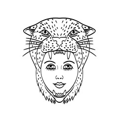 Amazon Warrior Wearing a Jaguar Headdress Tattoo Style Black and White