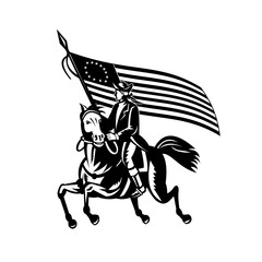 American Patriot Revolutionary General on Horseback  With Betsy Rose Flag Retro Black and White © Redwater Vectors