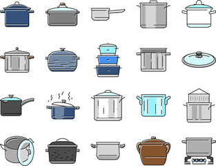 pot kitchen food pan cooking icons set vector