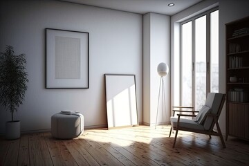 A light living room with a white poster, a panoramic window, a divider, an armchair, a wardrobe, some books, a white wall, and a wooden floor can be seen in this corner shot. The principle of minimali