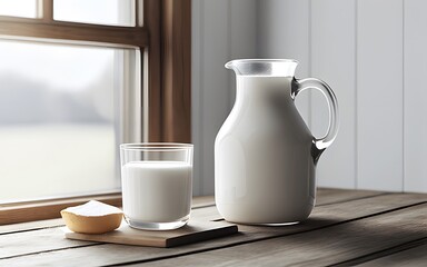 Milk jug and glass of milk on wooden table white background with copy space