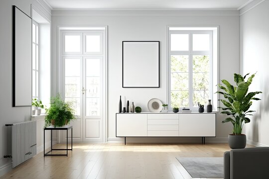 Bright living room with white wall, empty white poster, large window, sideboard with dishes, and hardwood floor visible in the corner. The principle of minimalist architecture. Assembly location