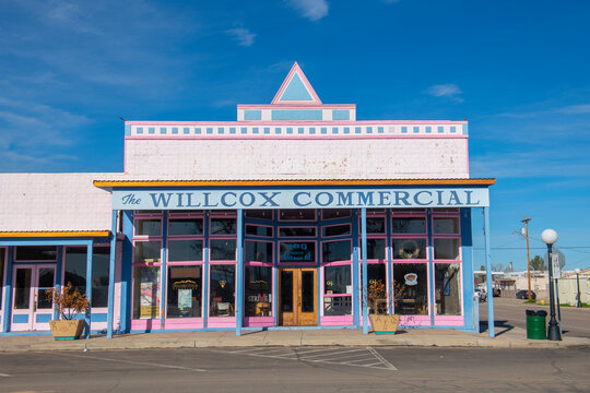 Willxon Commercial Building at 180 N Railroad Avenue in historic city center of Willcox, Arizona AZ, USA. 