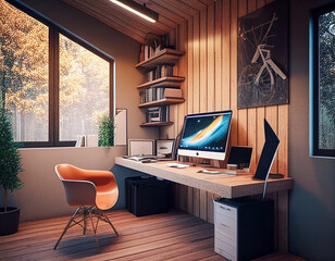 A Modern and Organic Home Office with Wood Details | Generative AI