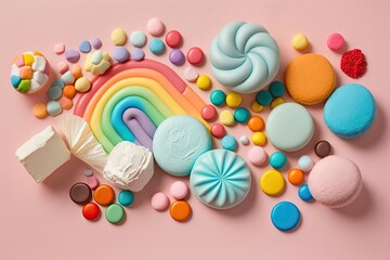 Fototapeta na wymiar candy in a rainbow of colors on a soft pink background. notion of sweet candies. Generative AI