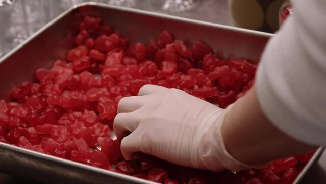 Red gelatin vitamin supplements bottled by hand - nutraceutical industry