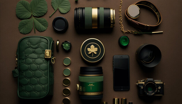 Saint Patrick's Day Accessories Collection in Green and Gold, Lit by Natural Light on Neutral Background - Generative AI
