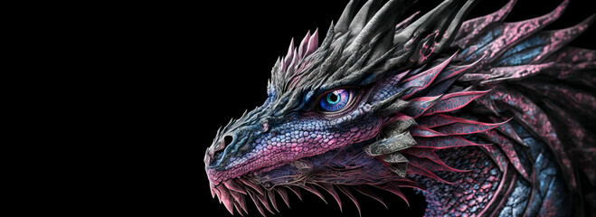  Dragon head and eye close up, Head shot of a pink, blue and grey fantasy dragon with fiery matching eye on black background. Image created with generative ai. - obrazy, fototapety, plakaty