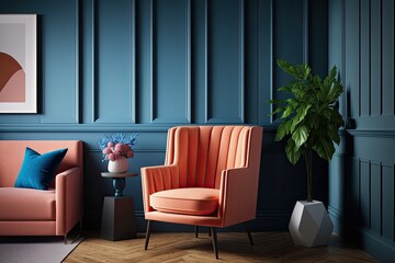 Interior design that is both modest and contemporary, featuring a blue armchair, a Coral wall, and a wood floor. Generative AI
