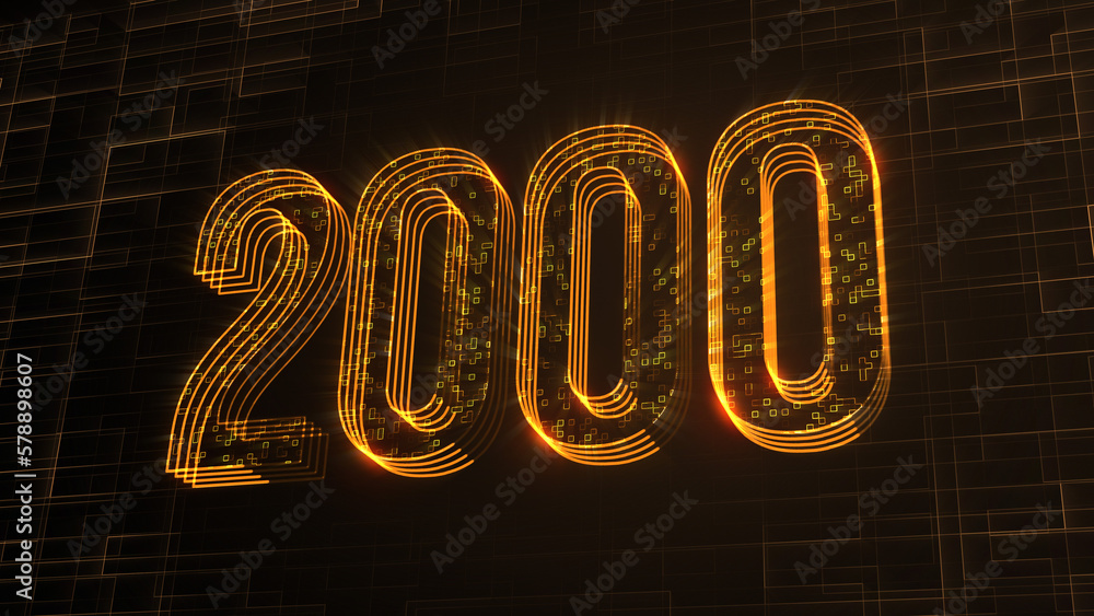 Poster futuristic golden 3d perspective view 2000 number text lines with square dots fractal digital techno