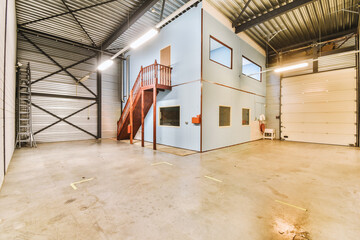 the inside of a building with stairs and ladders hanging from the ceiling to the room where there...