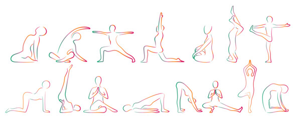 Many silhouettes of human doing yoga on white background