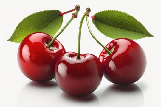 Cherries by themselves. Three ripe, juicy cherries against a white background. Generative AI