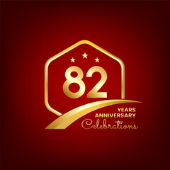 Obraz premium 82 years anniversary inside of gold hexagon and curve with red backgrounds