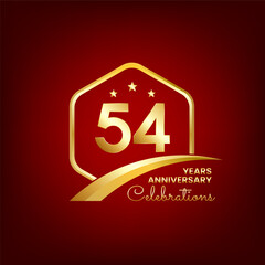 54 years anniversary inside of gold hexagon and curve with red backgrounds