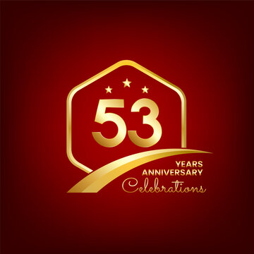 53 years anniversary inside of gold hexagon and curve with red backgrounds