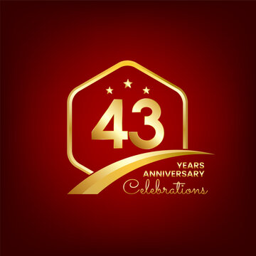 43 years anniversary. Anniversary template design inside of gold hexagon and curve with red background, design for event, invitation card, greeting card, banner, poster, flyer, book cover and print.