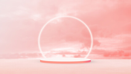 Products Background Circle Podium Partition on Table Counter Bar Studio Room Backdrop,Abstract Wallpaper Luxury Design,Pink Sky Pastel with Mockup Partition Cosmetic Summer Wall.