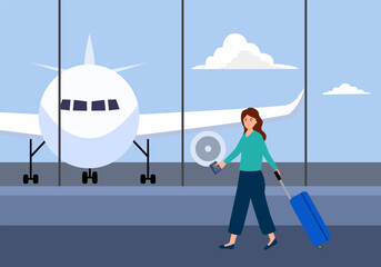 Woman at the airport with luggage in flat design.