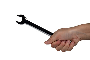 Hand holding a wrench isolated on transparent background.