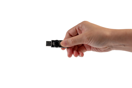 Flash drive in hand isolated on transparent background