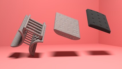 Wooden Stool with black cushion. Black  fabric furniture design. Furniture Exploded view isolated on peach background. 3d render