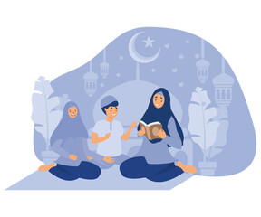 Mother teaching their kids to read Quran,  Islamic Ramadan Kareem family moment,  flat vector modern illustration
