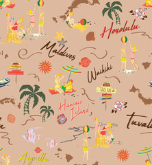 Hawaii Island Hand Draw illustration Vector Seamless Pattern Print With Palm Tree 