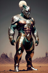 Fototapeta premium Robot cyborg soldier, Knight in armour, Silver Warrior, Modern Knigth, Warrior with helmet, Generative AI