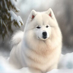 Fototapeta premium portrait happy and cute samoyed in the snow, generative ai