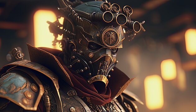 fierce steampunk warrior digital art illustration, Generative AI