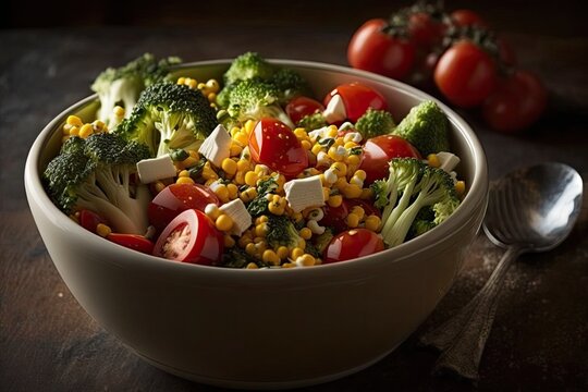 broccoli, corn, and tomato salad in a bowl. Generative AI