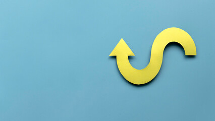 Yellow arrow pathway sign. Future life with direction or obsctacle reroute symbol. Business success...