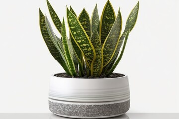 plant young indoor plant A single Sansevieria trifasciata plant in a white ceramic planter. Generative AI