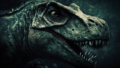 Closeup on head with sharp teeth of carnivorous dinosaur Tyrannosaurus . Prehistoric predator. Generative AI - obrazy, fototapety, plakaty