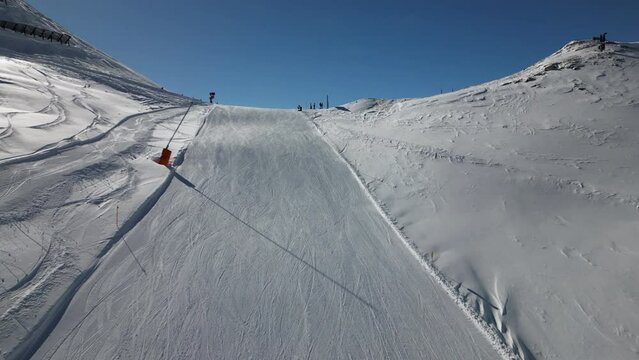 Aerial Ascent of Empty Ski Hill and Mountain Reveal, Serfaus Austria