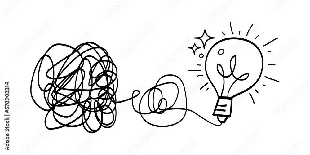 Poster scribble line doodles. the concept of transition from complicated to simple with bulb lamp, simplify