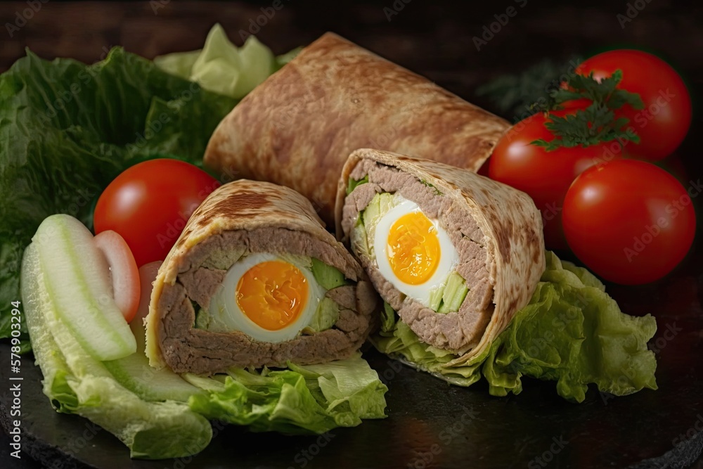 Sticker In this up close photo, pork, cheese, and pickled cucumbers fill an egg roll, which is accompanied with tomatoes on a bed of lettuce. horizontal. Generative AI