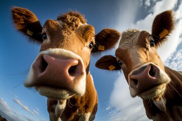 "Cow's Eye View: An Up-Close Cow Encounter" Generative AI. Two cows staring into a camera lens