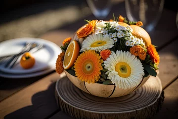 Fotobehang On April 14, 2022, in Geel, Antwerp, Belgium, a photographer captured this picture of a delicious orange flower centerpiece on a wooden covered outdoor table. Generative AI © 2rogan