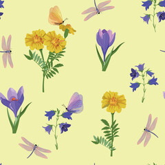 Fototapeta premium Seamless vector illustration with yellow marigolds, purple crocus, campanula, butterflies and dragonflies on a beige background.