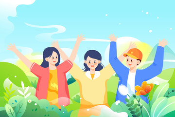 May 4th International Youth Day, young people happy celebrating together, background with building land and plants, vector illustration