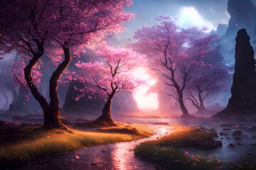 Golden hour landscape with trees, river and fog. Generative AI.